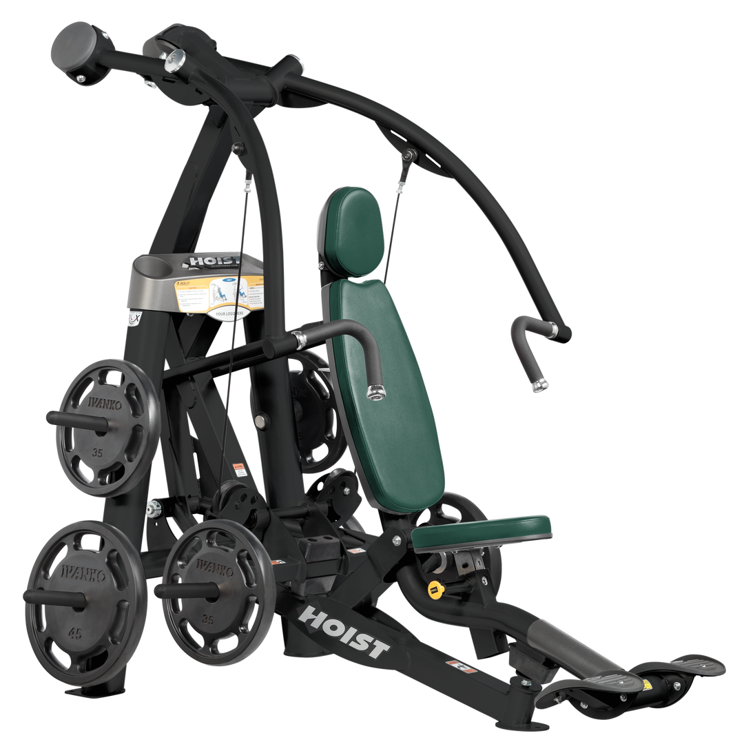 angled view of plate loaded chest press machine highlighting frame design, press arms, and weight plate storage