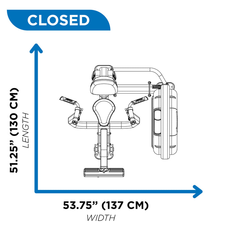 Overhead diagram of chest press machine in closed position showing 51.25 inch length and 53.75 inch width