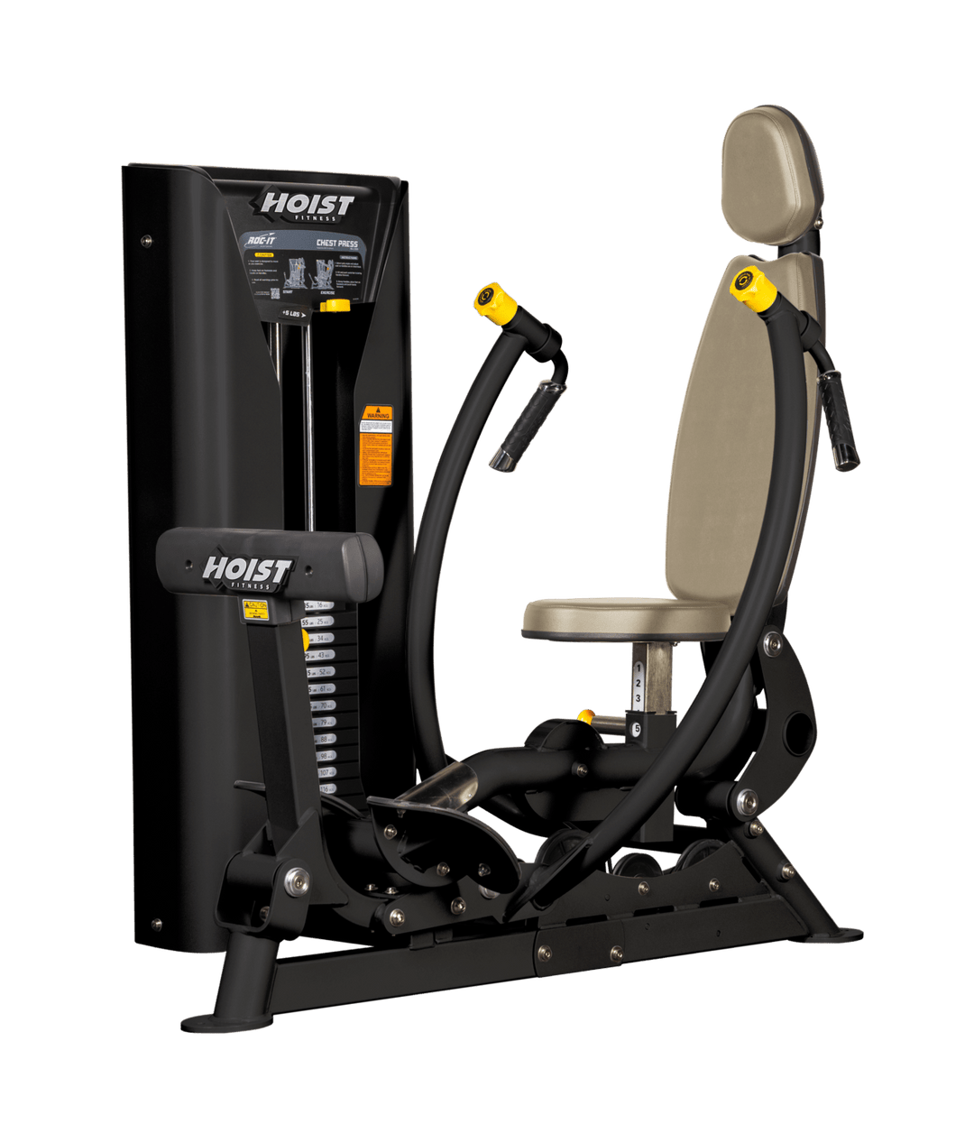 Hoist commercial chest press machine with adjustable seat, backrest, and converging press arms for chest training
