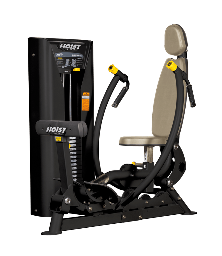 Hoist commercial chest press machine with adjustable seat, backrest, and converging press arms for chest training