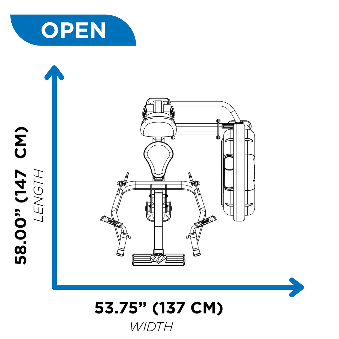 Overhead diagram of chest press machine in open position showing 58 inch length and 53.75 inch width