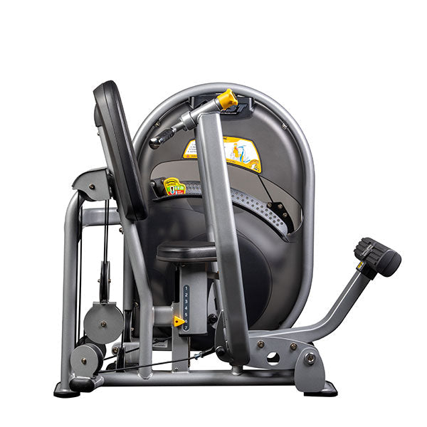 Side view of chest press machine showing seat, handles, and compact footprint