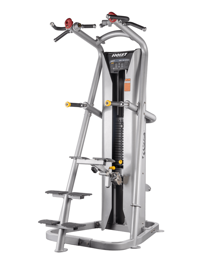 angled side view of chin dip assist machine highlighting frame, assist platform, and handle positions