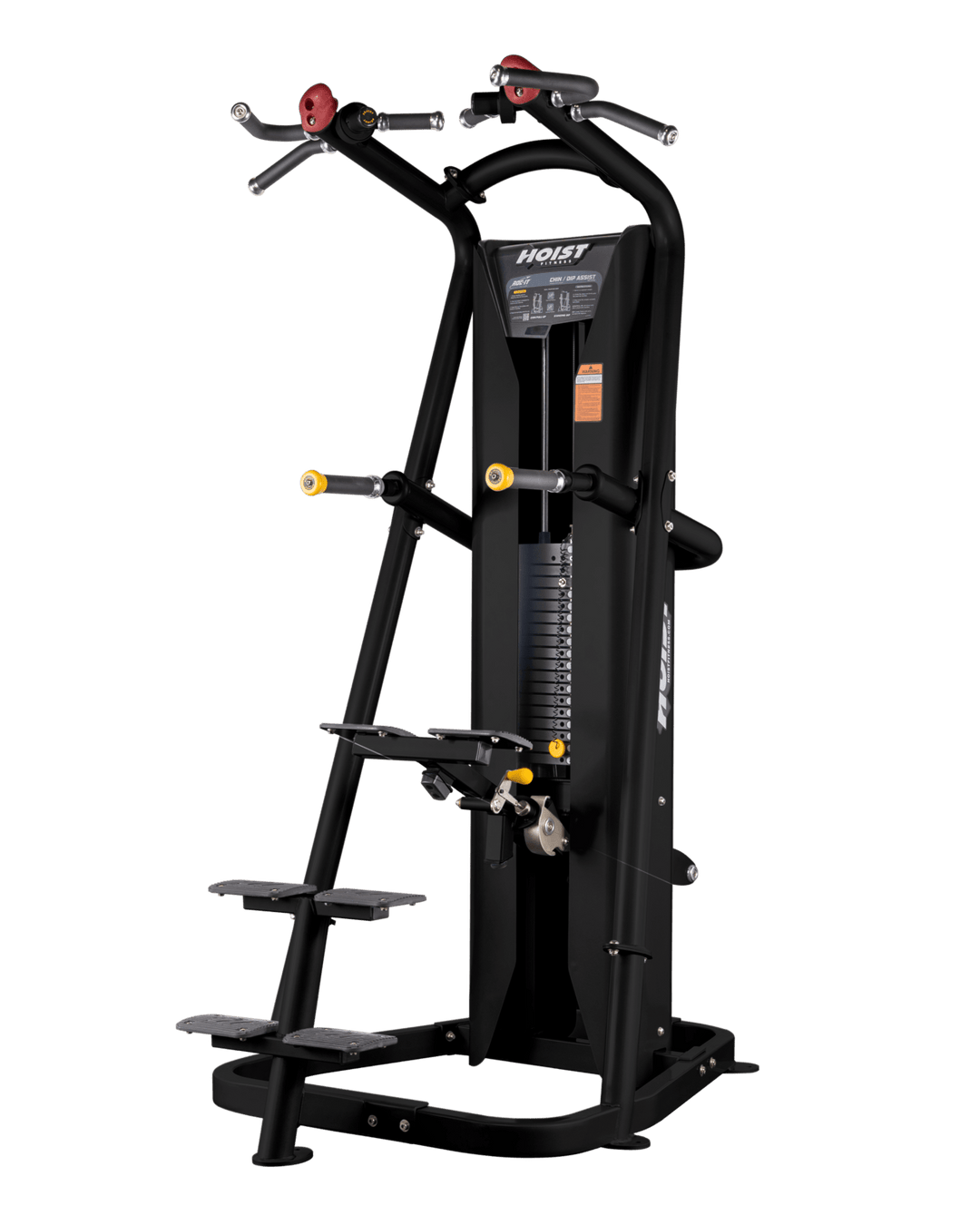Hoist commercial chin and dip assist machine with step platform, knee pad, and multi-grip pull-up handles