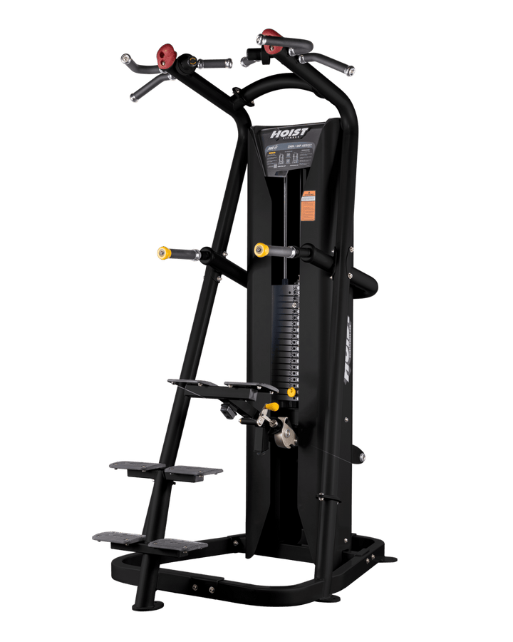 Hoist commercial chin and dip assist machine with step platform, knee pad, and multi-grip pull-up handles