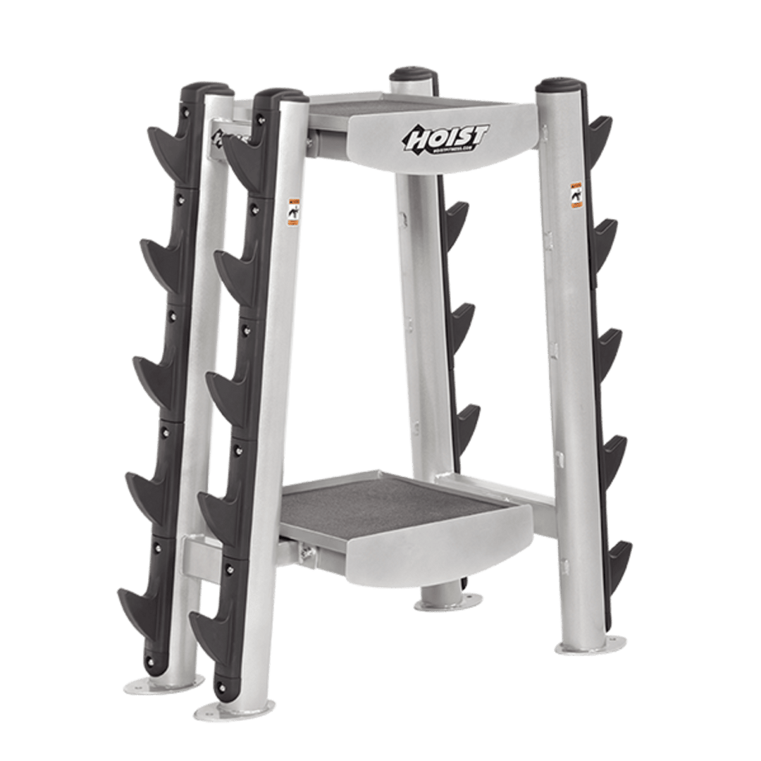 Angled view of accessory rack showing multiple side pegs for organized storage of gym attachments