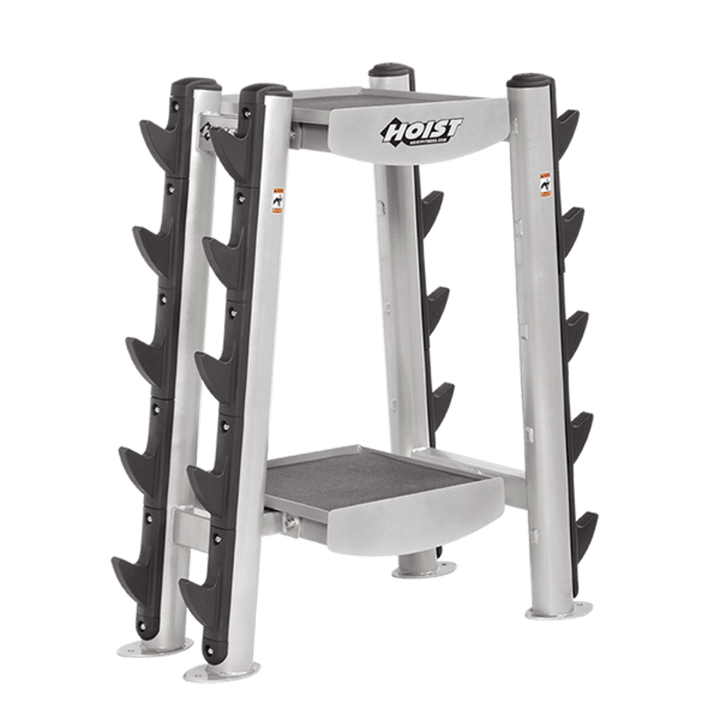Angled view of accessory rack showing multiple side pegs for organized storage of gym attachments
