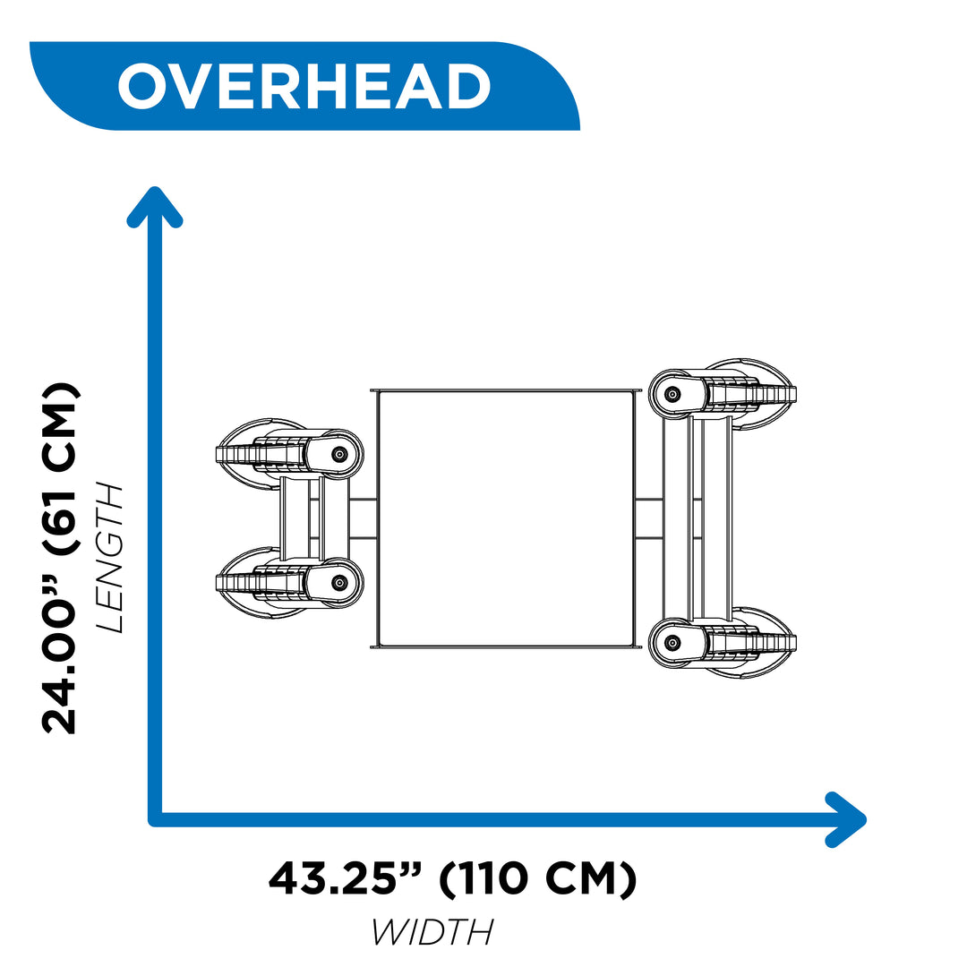 Overhead diagram of accessory rack showing 24 inch length and 43.25 inch width dimensions