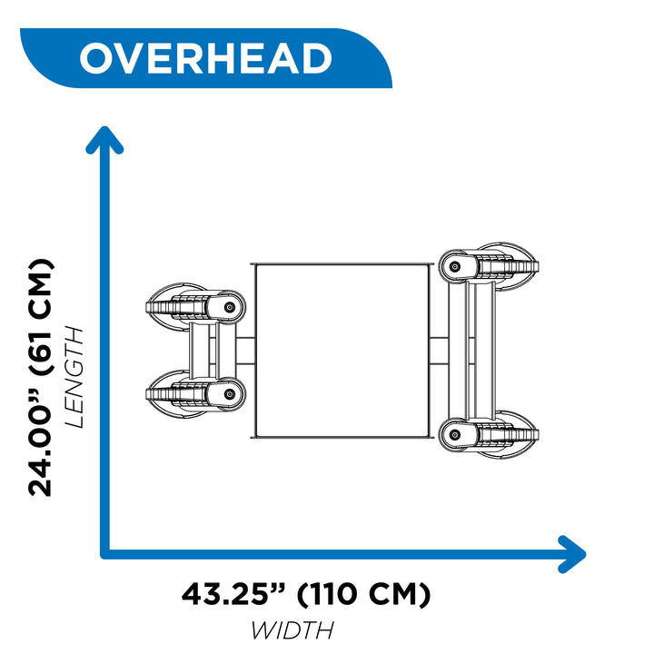 Overhead diagram of accessory rack showing 24 inch length and 43.25 inch width dimensions