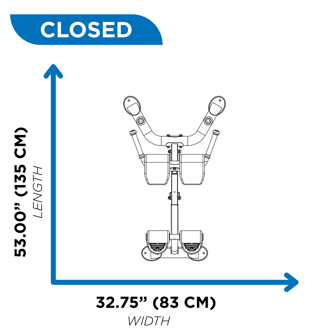 Overhead diagram of back hyperextension bench in closed position showing 53 inch length and 32.75 inch width