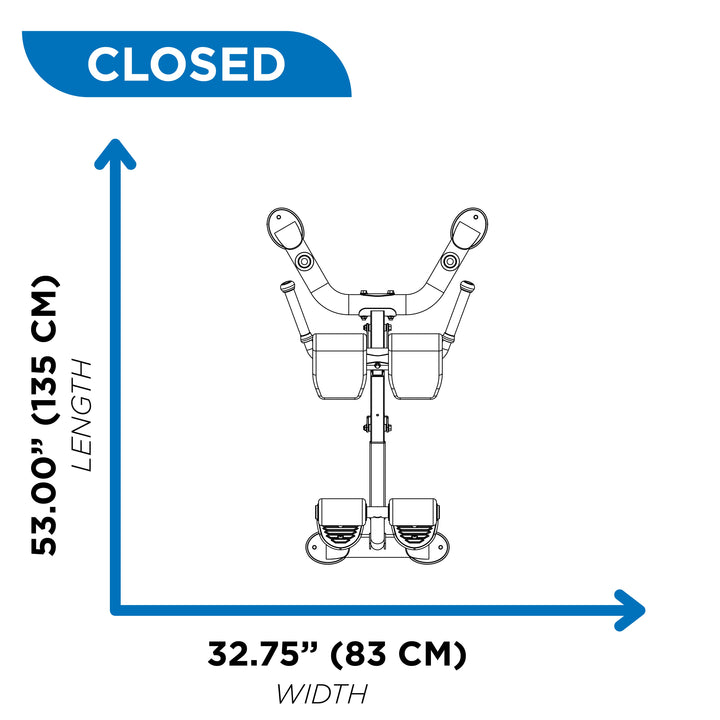Overhead diagram of back hyperextension bench in closed position showing 53 inch length and 32.75 inch width