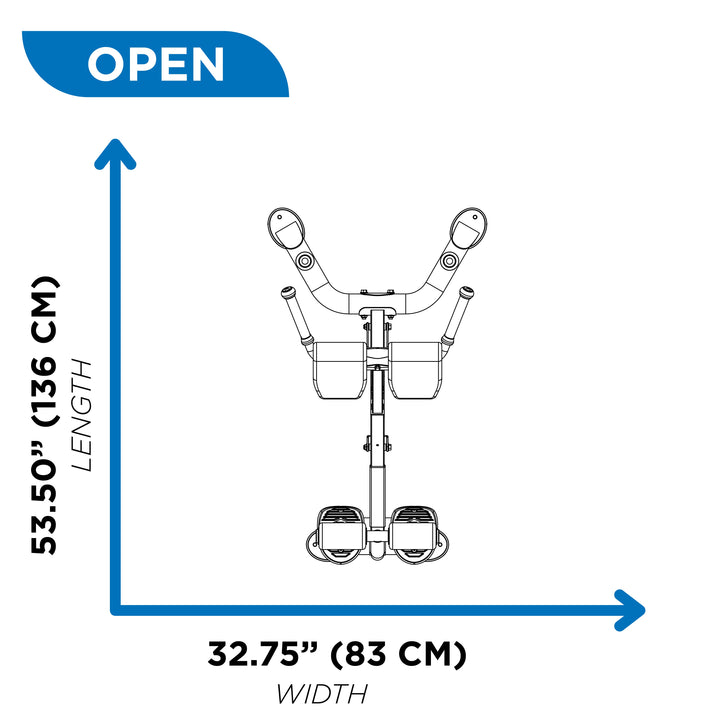Overhead diagram of back hyperextension bench in open position showing 53.5 inch length and 32.75 inch width