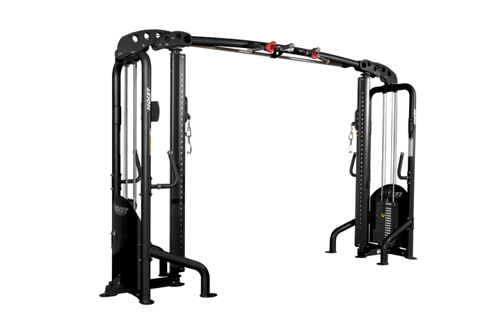 Commercial cable crossover machine with dual adjustable pulleys and wide frame for functional training exercises