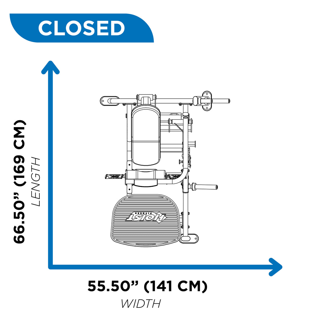 Top view diagram of glute thrust machine in closed position showing 65.5 inch length and 55.5 inch width dimensions