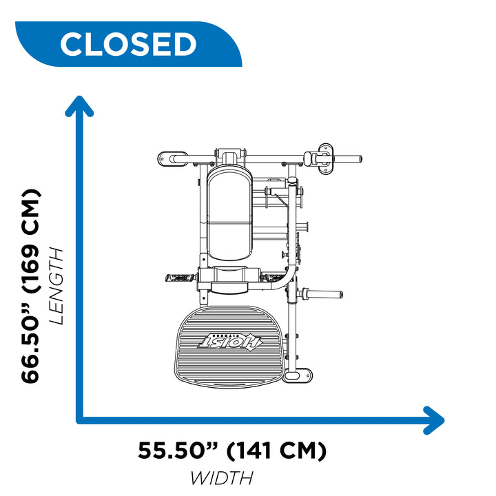 Top view diagram of glute thrust machine in closed position showing 65.5 inch length and 55.5 inch width dimensions