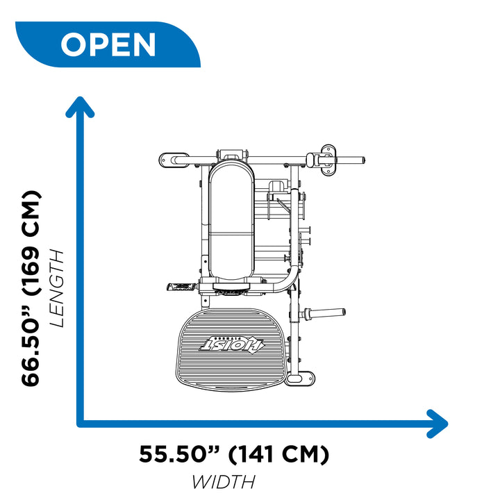 Top view diagram of glute thrust machine in open position showing 65.5 inch length and 55.5 inch width dimensions