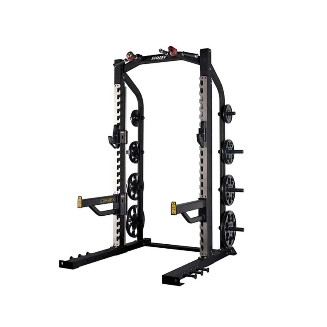 Hoist half rack in black finish with barbell hooks and plate storage for gym use