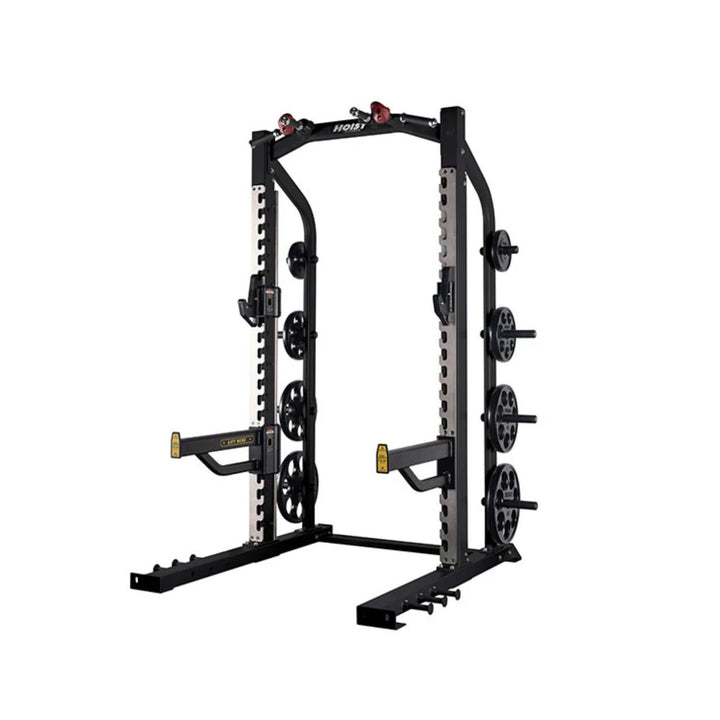 Hoist half rack in black finish with barbell hooks and plate storage for gym use