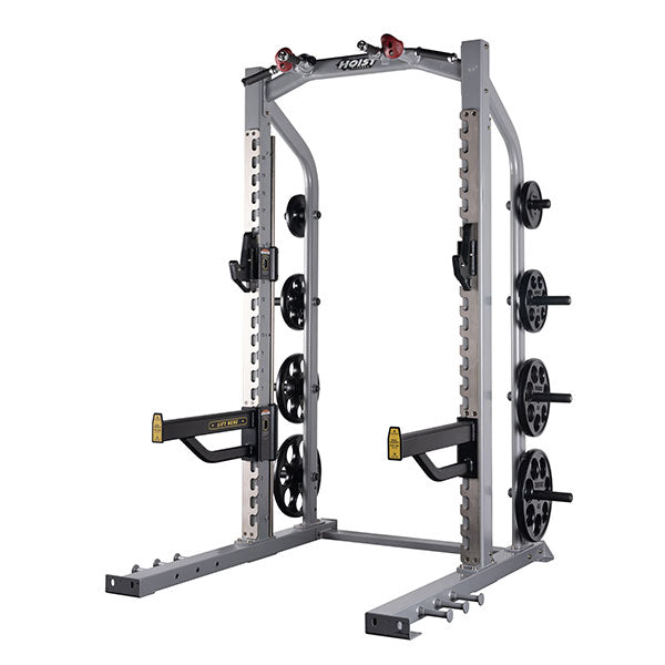 Hoist commercial half rack in silver finish with barbell supports and weight plate storage
