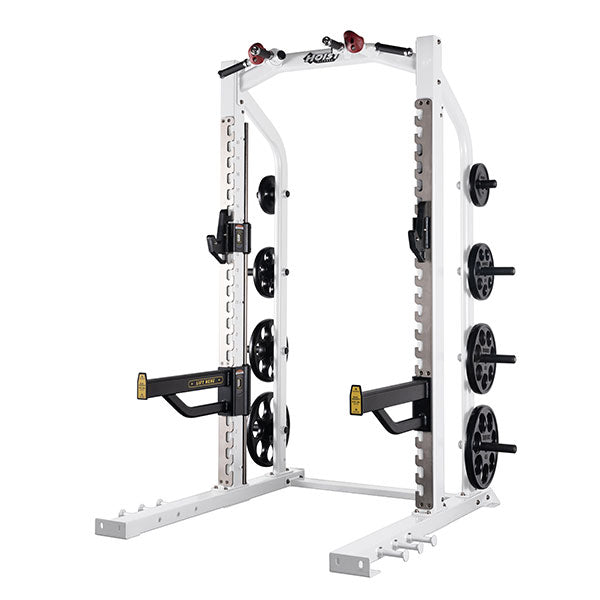Hoist half rack in white frame with integrated plate storage and barbell supports