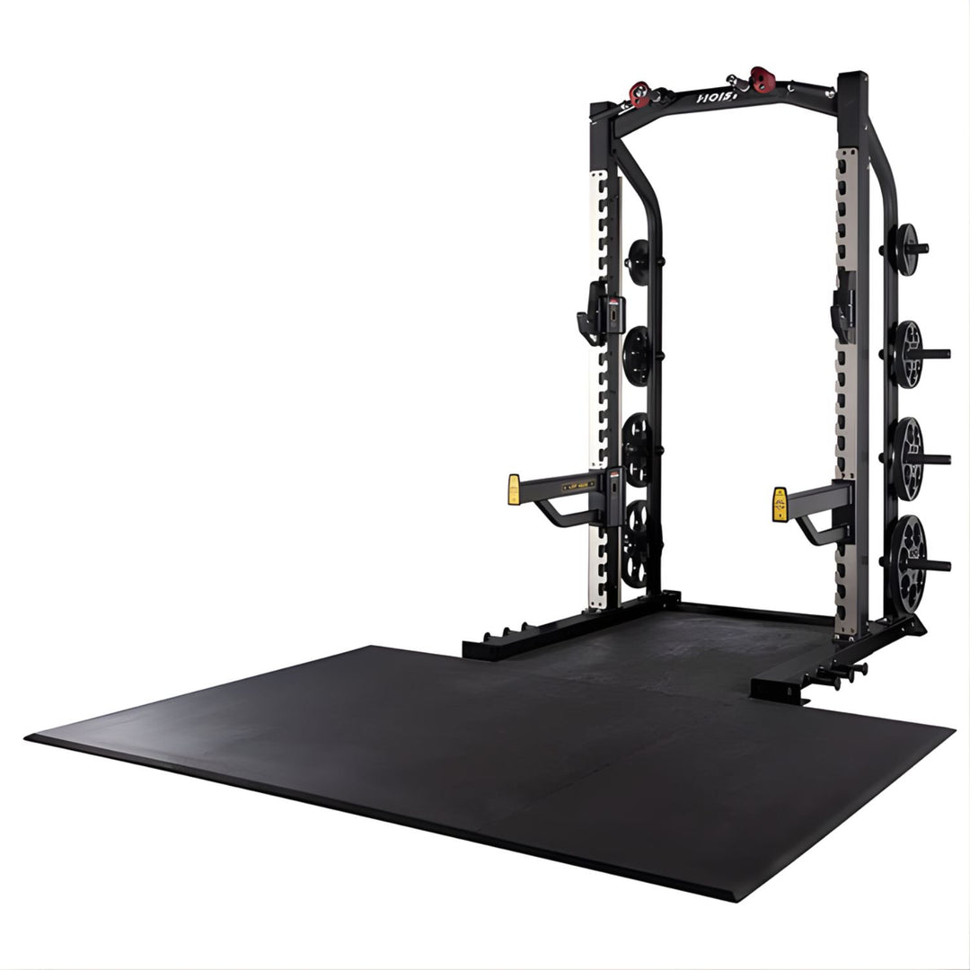 Hoist commercial half rack with black frame and lifting platform for barbell training and weightlifting