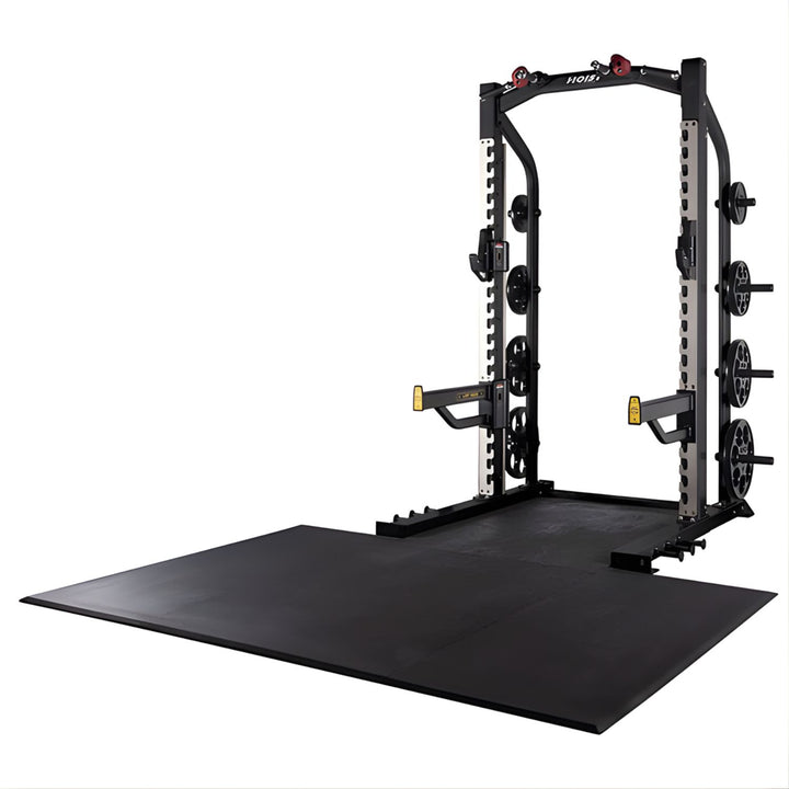 Hoist commercial half rack with black frame and lifting platform for barbell training and weightlifting
