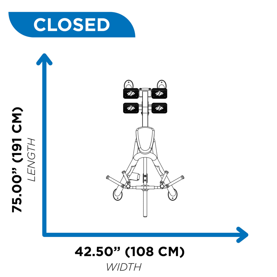 Overhead diagram of incline leverage row in closed position showing 75 inch length and 42.5 inch width
