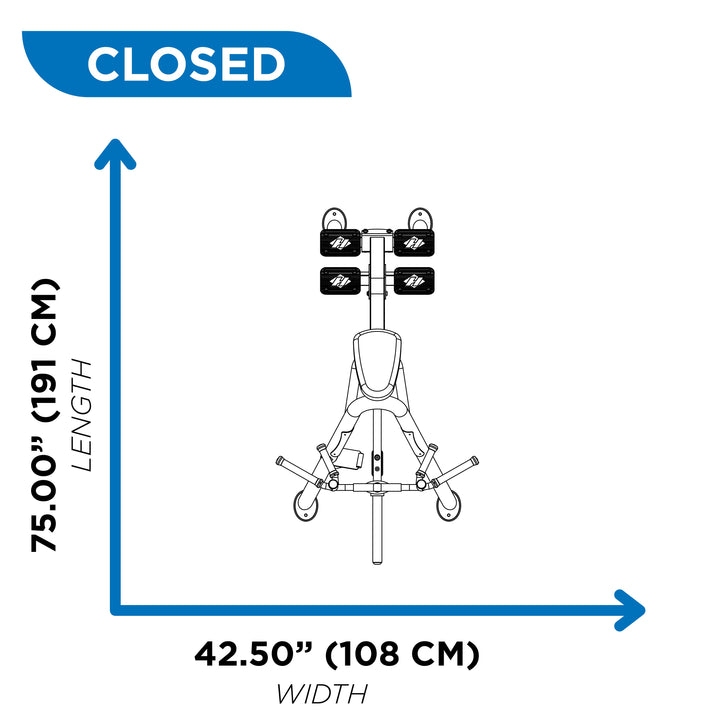 Overhead diagram of incline leverage row in closed position showing 75 inch length and 42.5 inch width