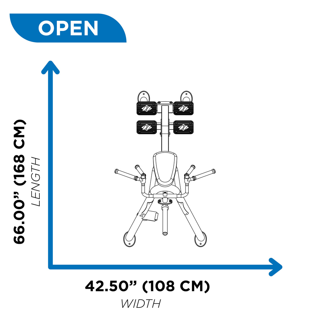 Overhead diagram of incline leverage row in open position showing 66 inch length and 42.5 inch width