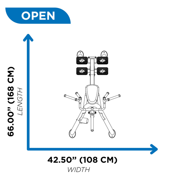 Overhead diagram of incline leverage row in open position showing 66 inch length and 42.5 inch width