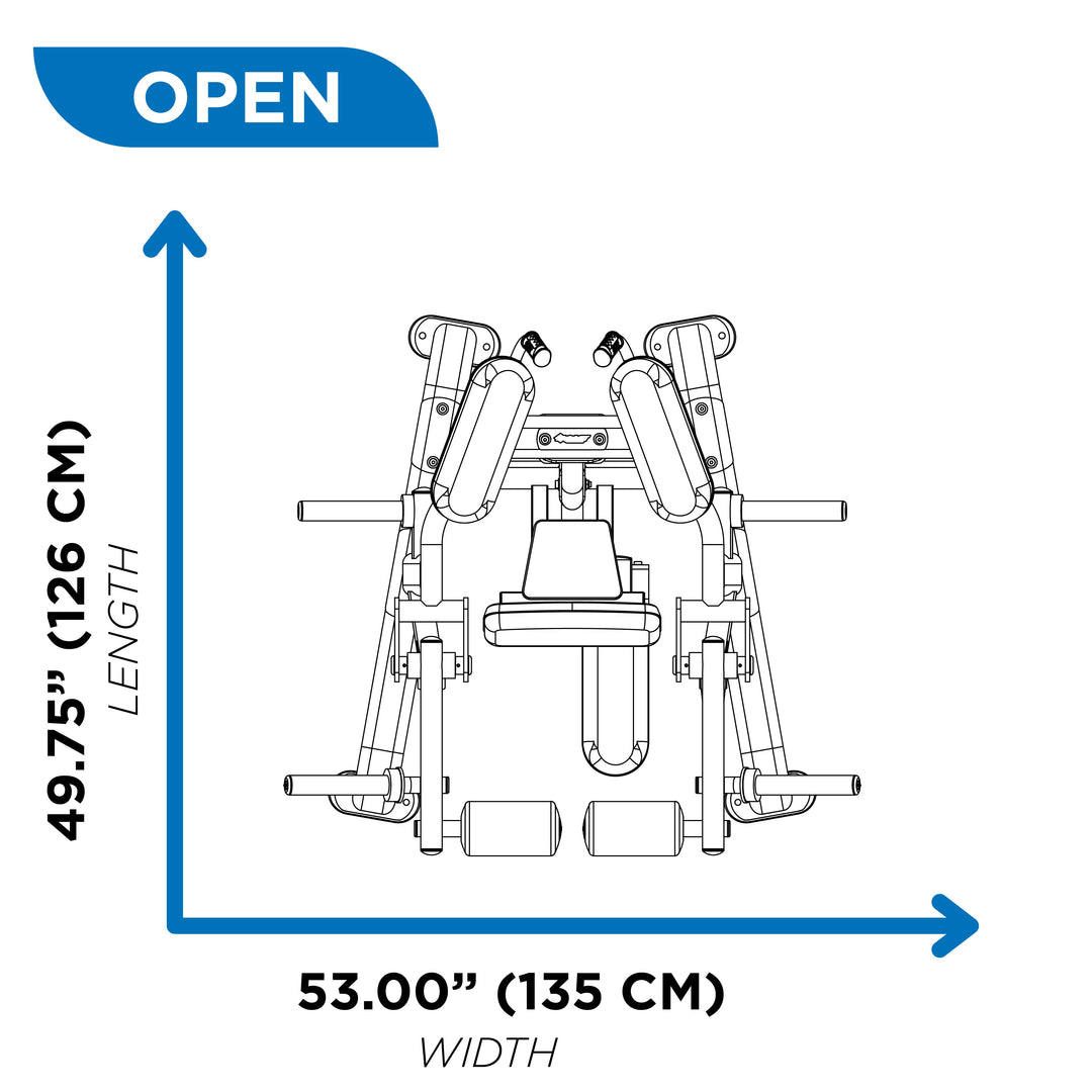 Top view diagram of kneeling leg curl in open position showing 49.75 inch length and 53 inch width dimensions