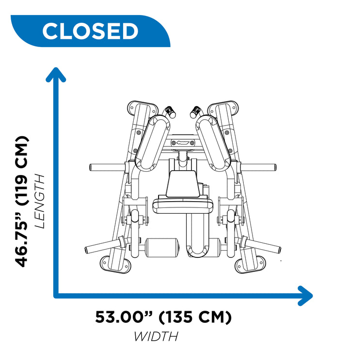Top view diagram of kneeling leg curl in closed position showing 49.75 inch length and 53 inch width dimensions