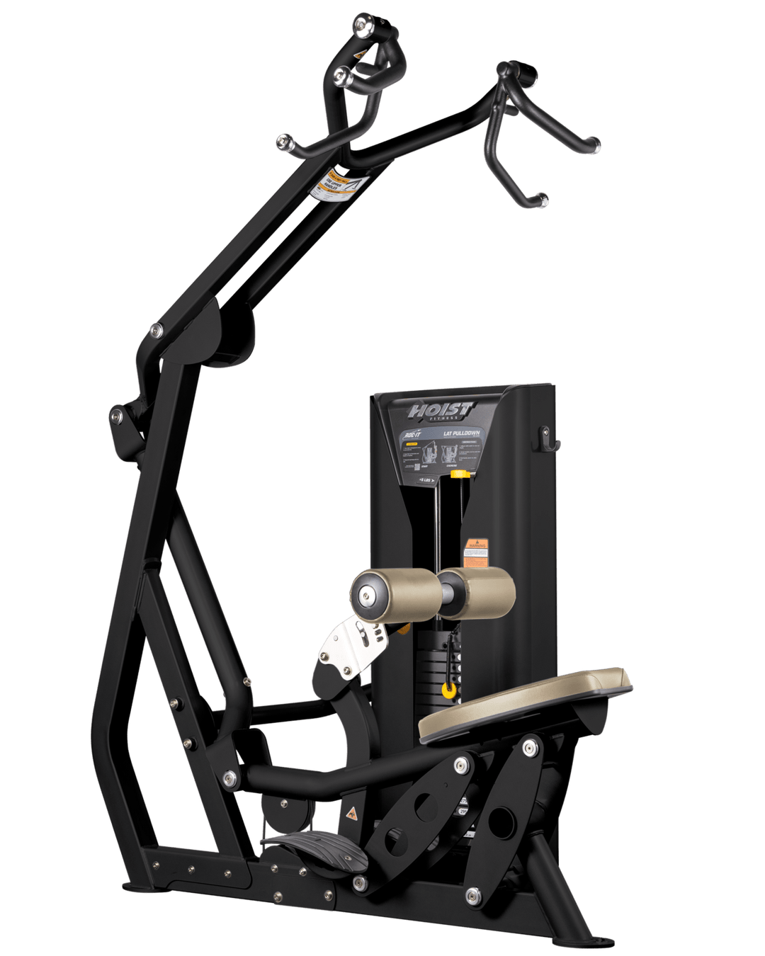 Hoist commercial lat pulldown machine with adjustable seat, thigh pads, and overhead cable system for upper body training