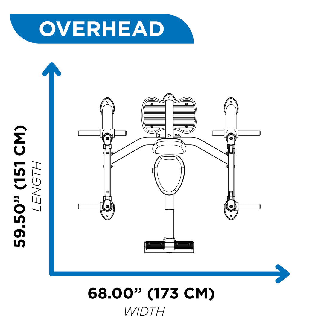 Overhead diagram of military press machine showing 59.5 inch length and 68 inch width