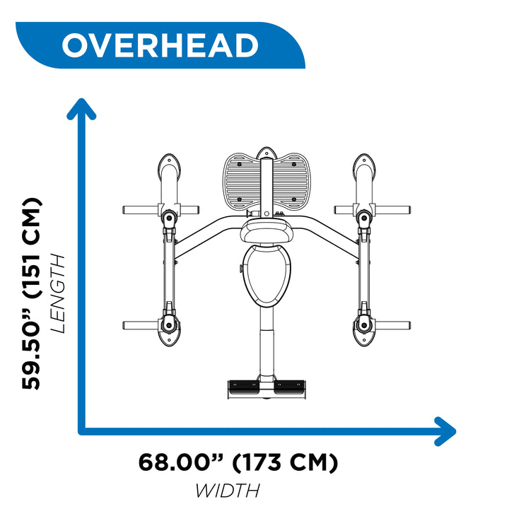 Overhead diagram of military press machine showing 59.5 inch length and 68 inch width