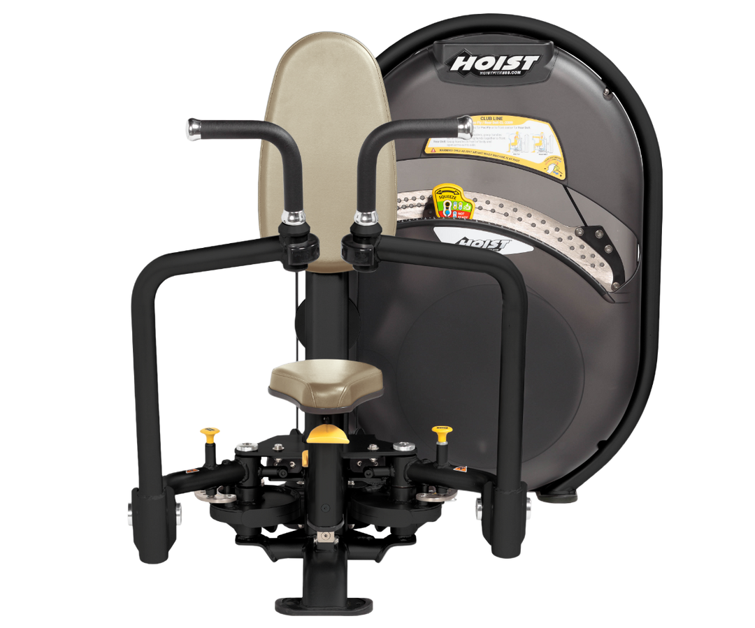 Dual-function pec fly and rear delt machine with adjustable arms and seated position for chest and shoulder training