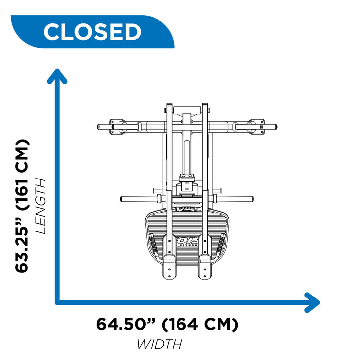 Top view diagram of power squat machine in close position showing 65.25 inch length and 64.5 inch width dimensions
