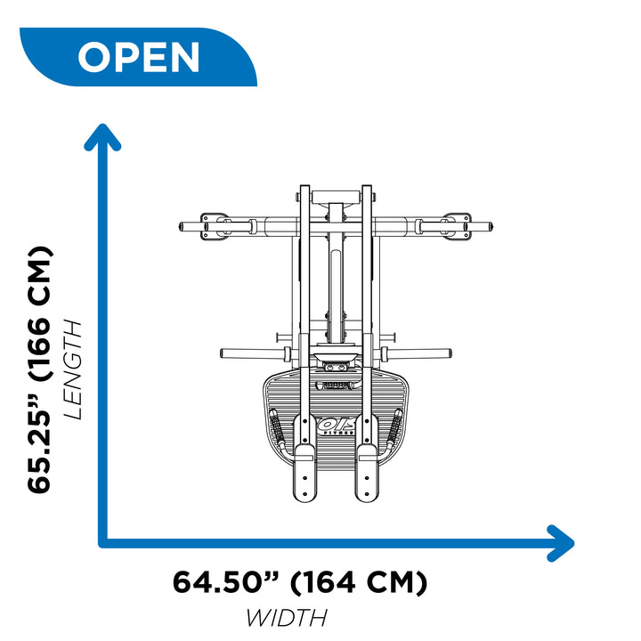 Top view diagram of power squat machine in open position showing 65.25 inch length and 64.5 inch width dimensions
