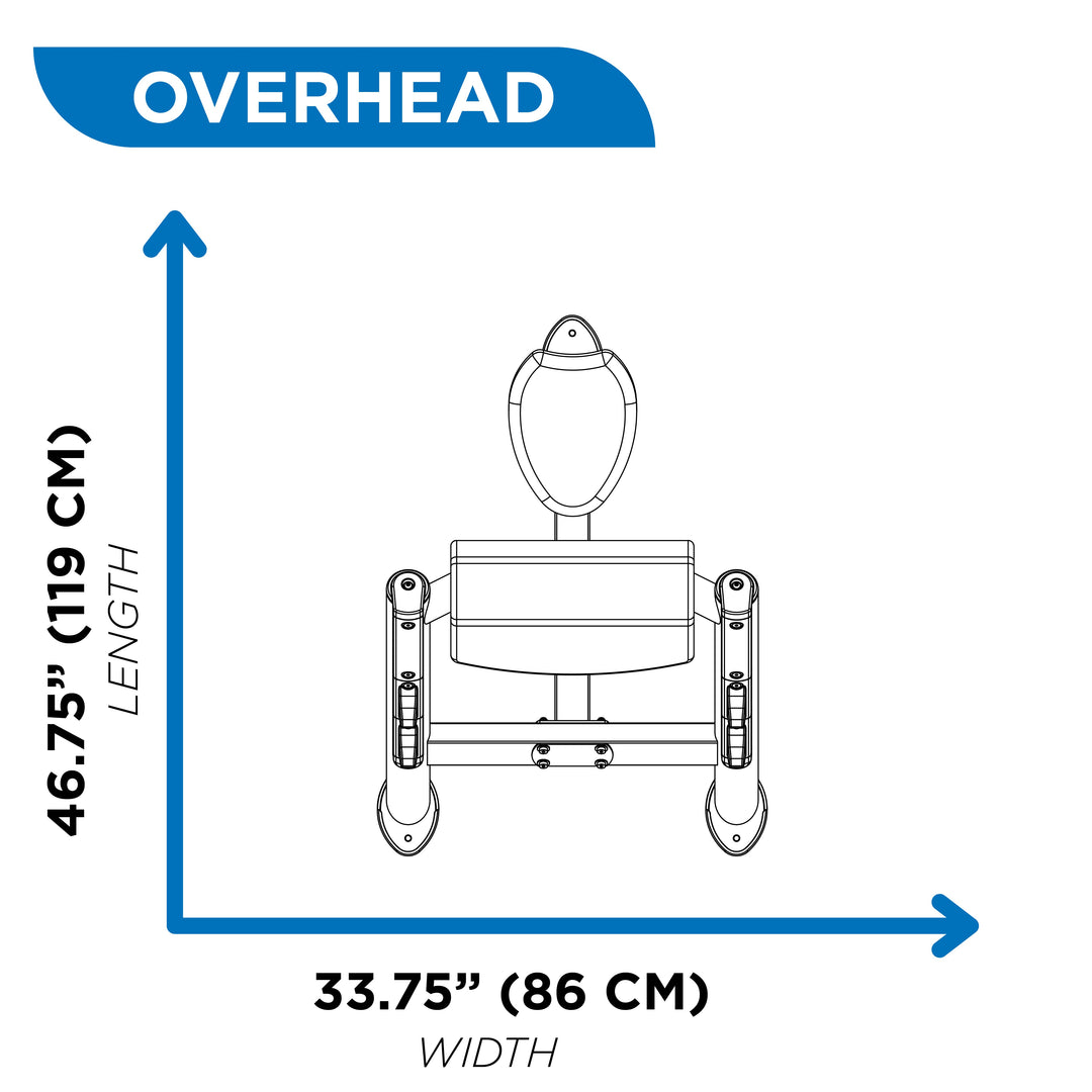 Overhead diagram of preacher curl bench showing 46.75 inch length and 33.75 inch width dimensions