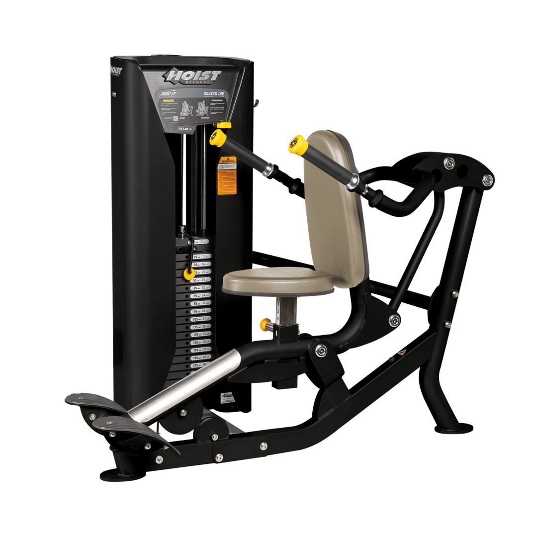 Seated dip machine with adjustable arms and weight stack designed for triceps and upper body strength training