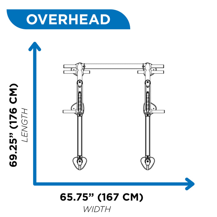 Overhead diagram of squat rack showing 69.25 inch length and 65.75 inch width dimensions