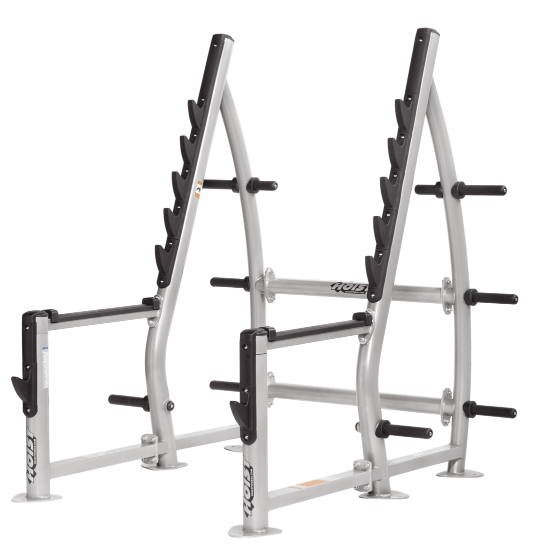 Silver finish squat rack with multiple racking hooks and plate storage horns