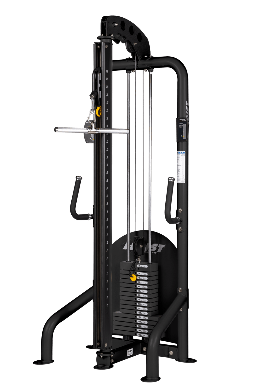Stand alone hi-lo pulley machine with adjustable cable system and weight stack for full body strength training