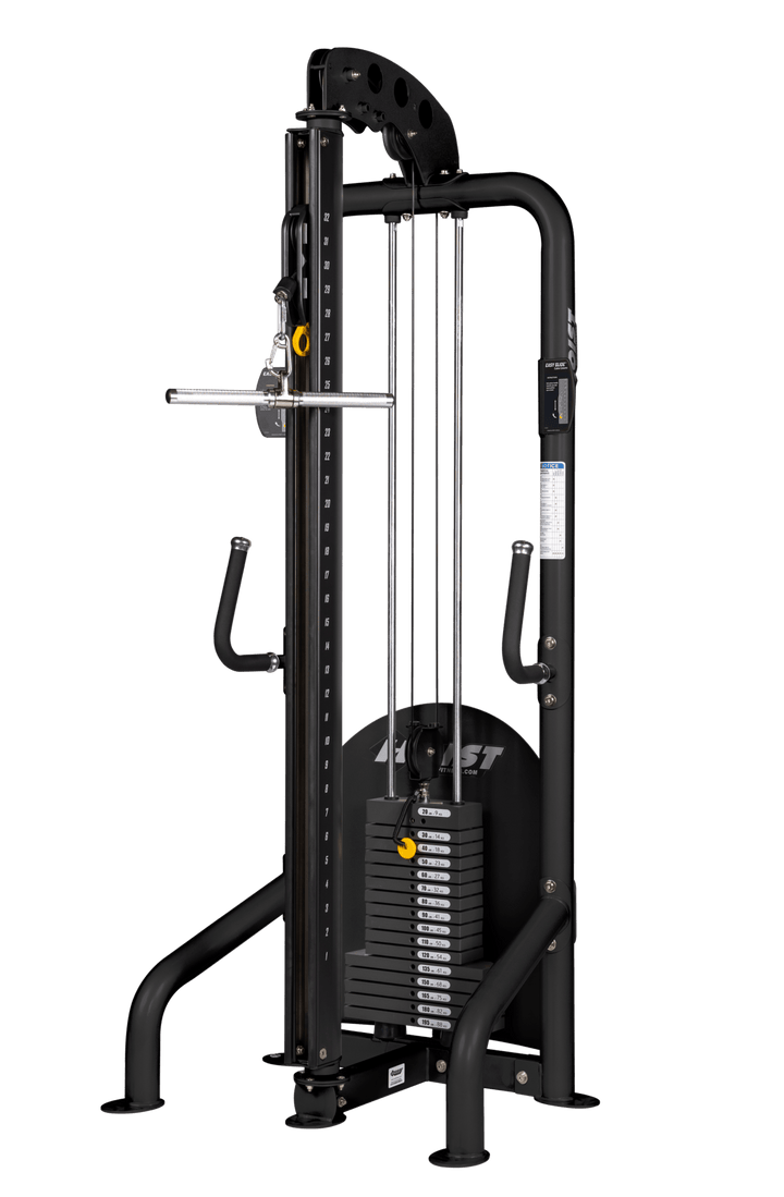 Stand alone hi-lo pulley machine with adjustable cable system and weight stack for full body strength training