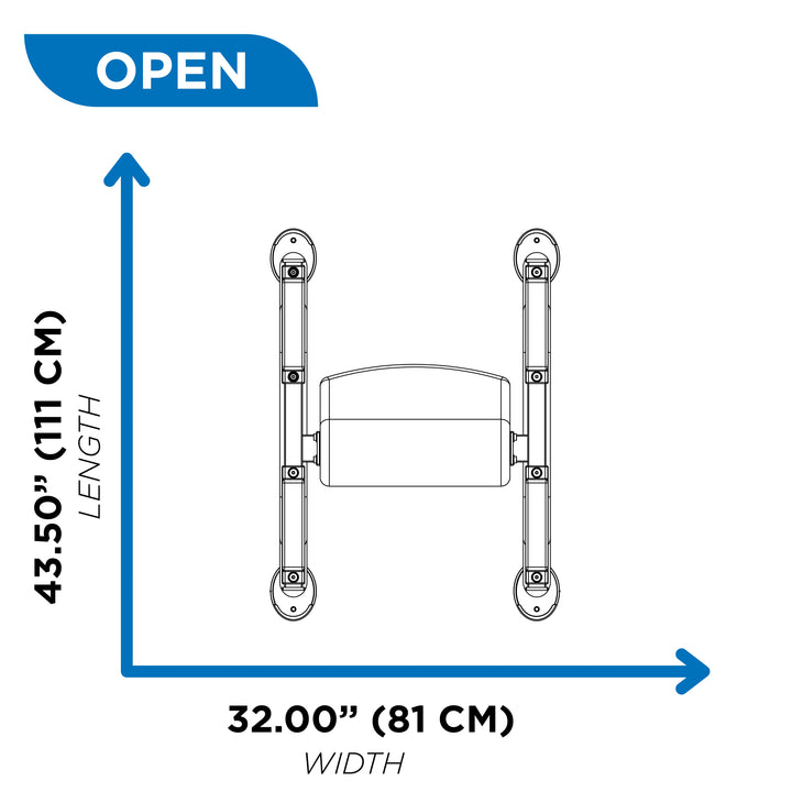 Overhead diagram of standing preacher curl showing 43.5 inch length and 32 inch width dimensions