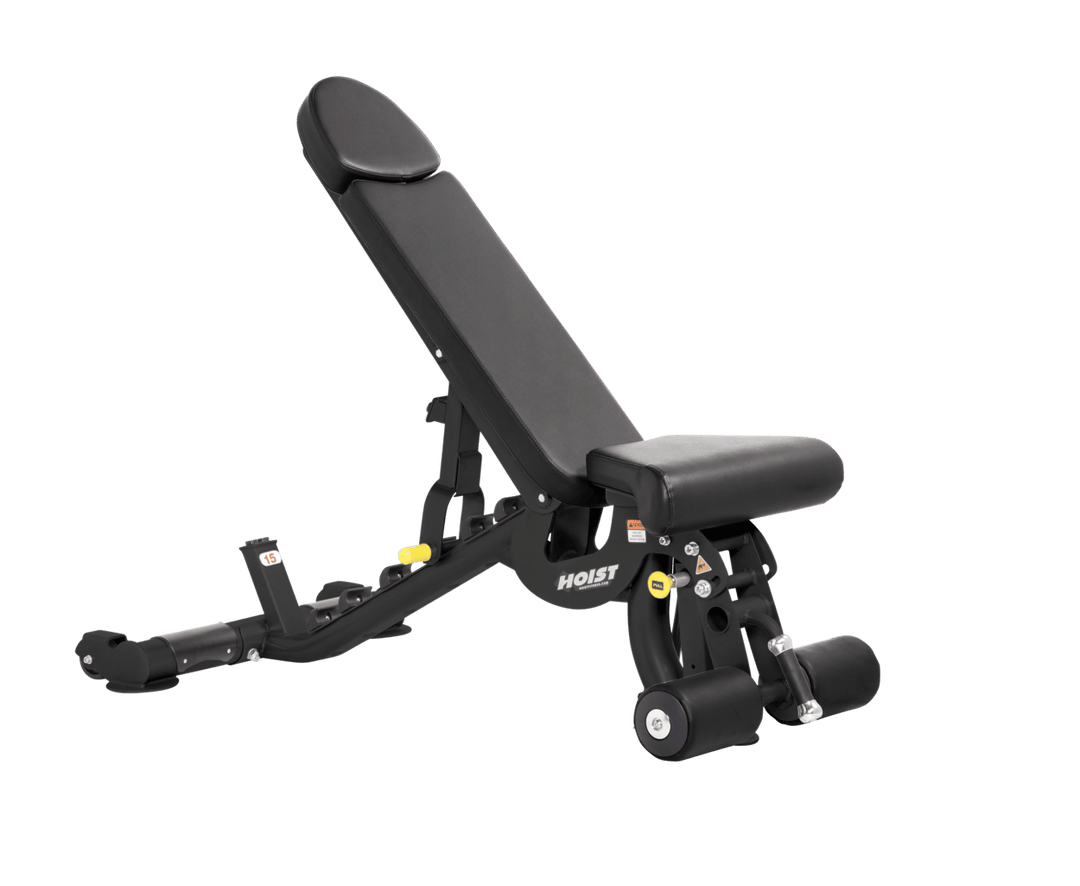 Hoist commercial adjustable bench with flat, incline, and decline positions for versatile strength training workouts