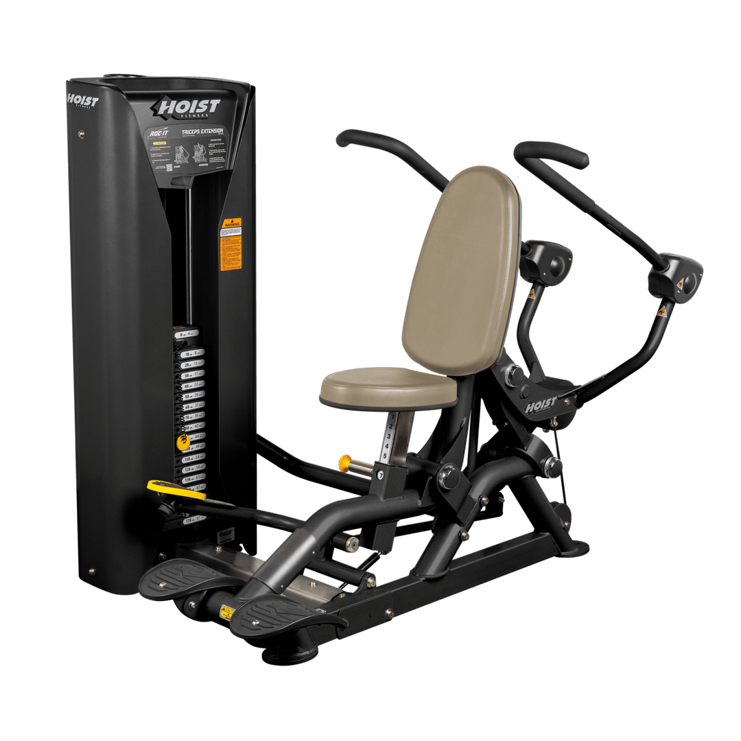 Seated triceps extension machine with overhead handles and weight stack for targeted arm strength training