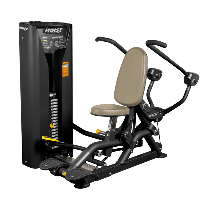 Seated triceps extension machine with overhead handles and weight stack for targeted arm strength training