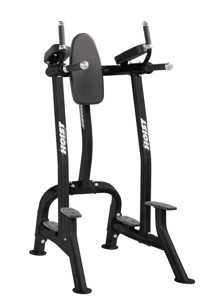 Hoist black commercial vertical knee raise and dip station for core, triceps, and upper body bodyweight exercises