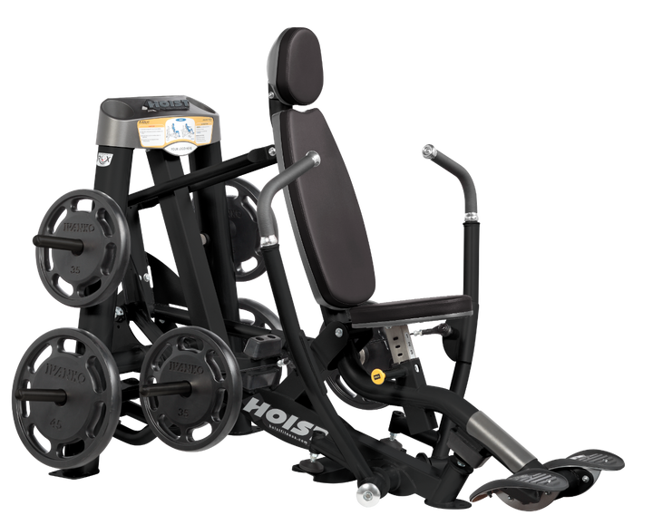 plate loaded decline chest press machine with black padding highlighting ergonomic design and weight plate storage